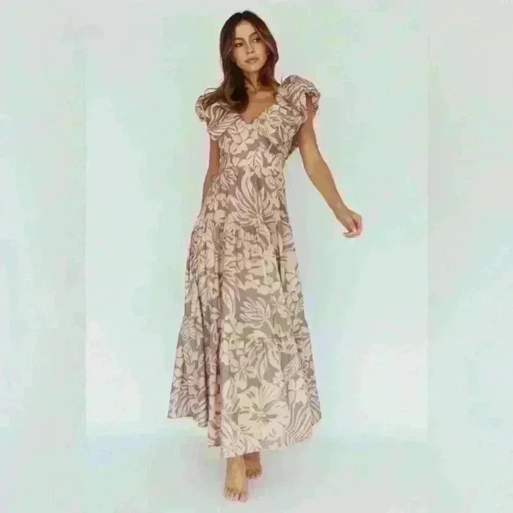 KAHLO PUFFED RUFFLE NECKLINE MAXI DRESS PRINT BEIGE new no tags size M - Picture 3 of 4